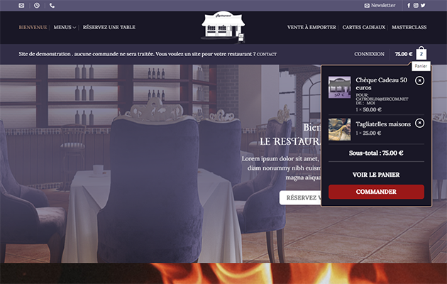 Demo site internet pour les restaurants : Menus, Réservation de table, Vente de plats à emporter sans commission